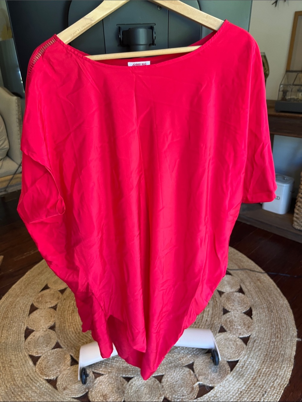 Johnny Was silk asymmetrical off the shoulder tunic cover up
